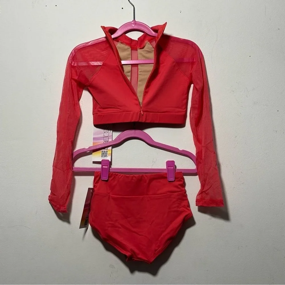BalTogs High-Waist Mesh Crop Top and Briefs Set Coral Salmon Dance‎ Dancewear